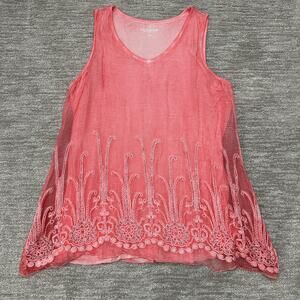 Soft Surroundings Shirt Womens 1X Pink Silk Sheer Embroidered Beaded Tank Flowy